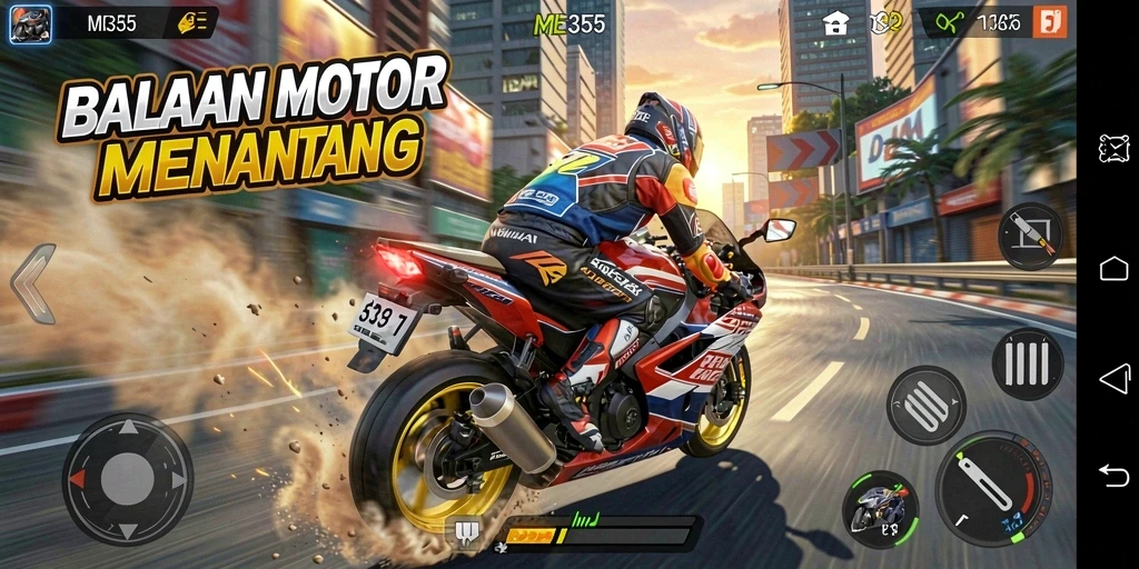 Tampilan gameplay seru dalam balapan motor di ME355.