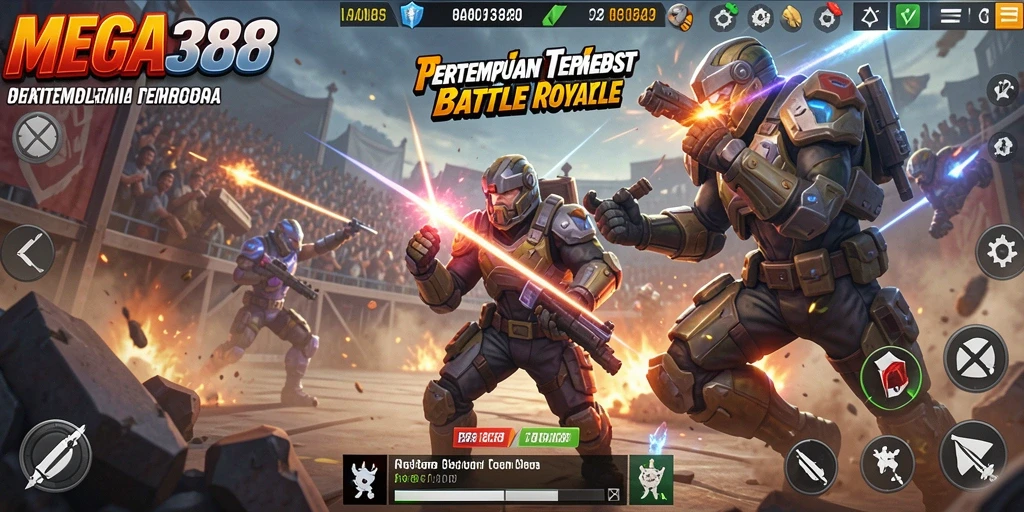 Screenshot gameplay <strong>MEGA388</strong> menampilkan momen pertempuran yang seru di arena Battle Royale.